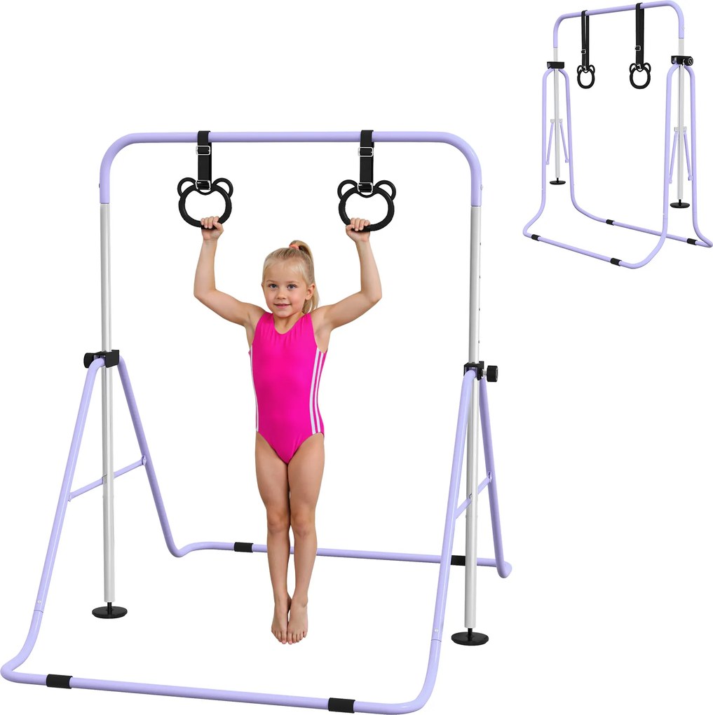 Barra de ginástica para crianças, barra horizontal dobrável com altura ajustável e argolas de ginástica, roxa