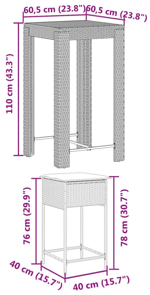 5 pcs conjunto de bar p/ jardim c/ almofadões vime PE cinzento