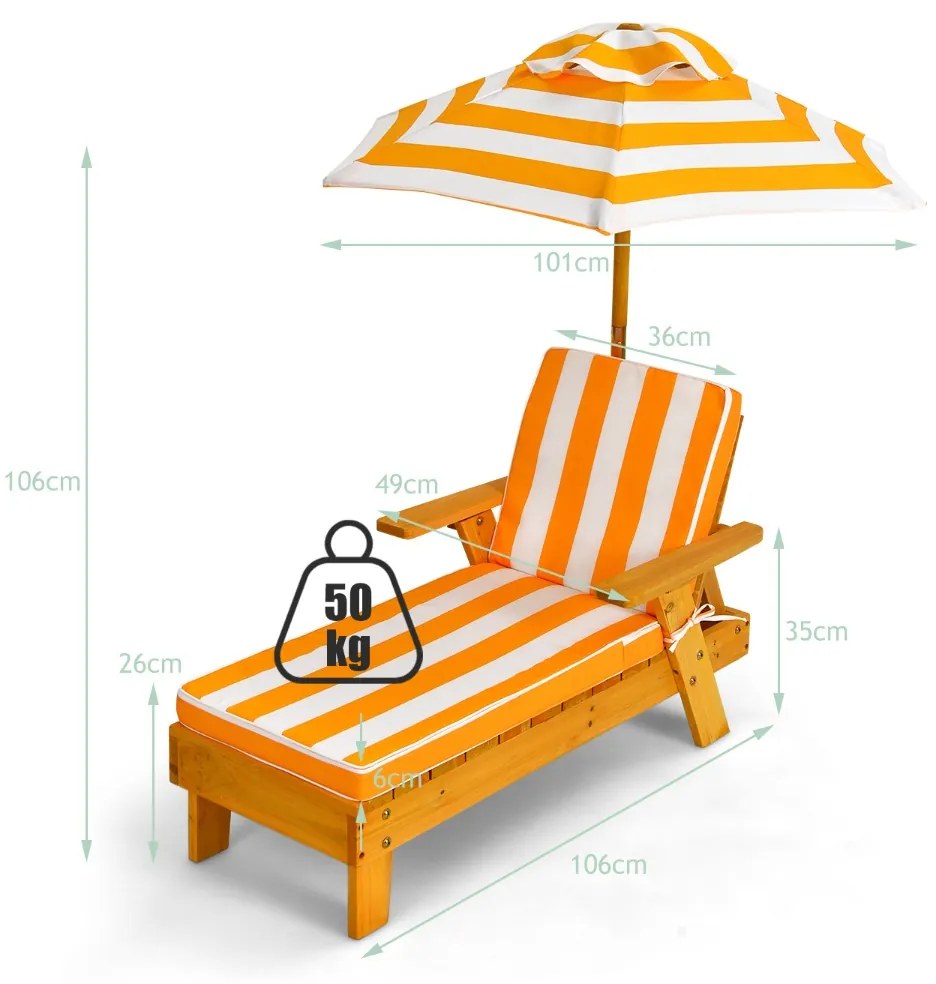 Poltrona reclinável de exterior para crianças com guarda-sol removível e regulável em tensão para pátio 92 x 49 x 106 cm Amarelo e branco