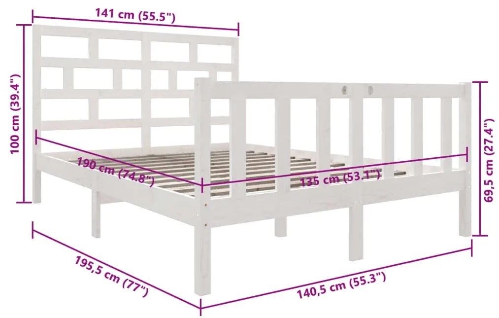 Estrutura de cama casal 135x190 cm pinho maciço branco