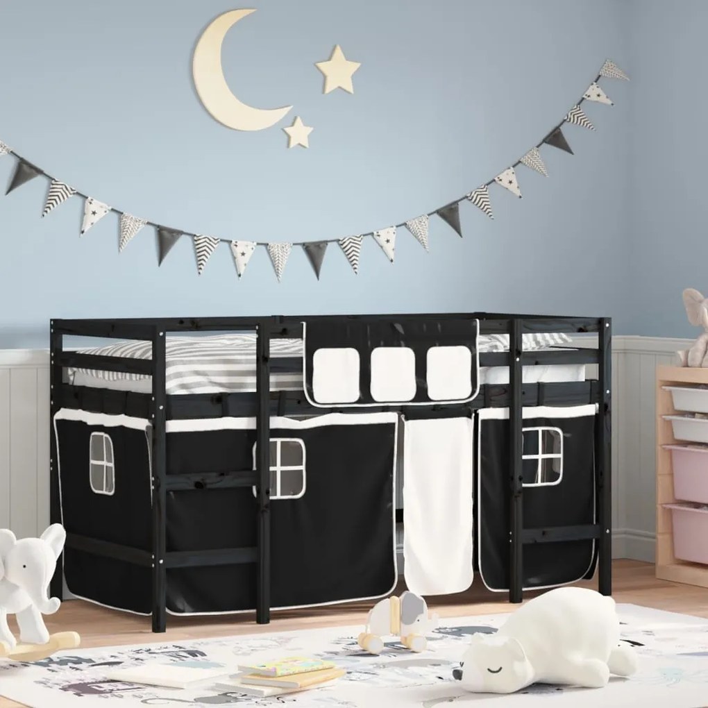 vidaXL Cama alta criança c/ cortina 90x200cm pinho maciço branco/preto