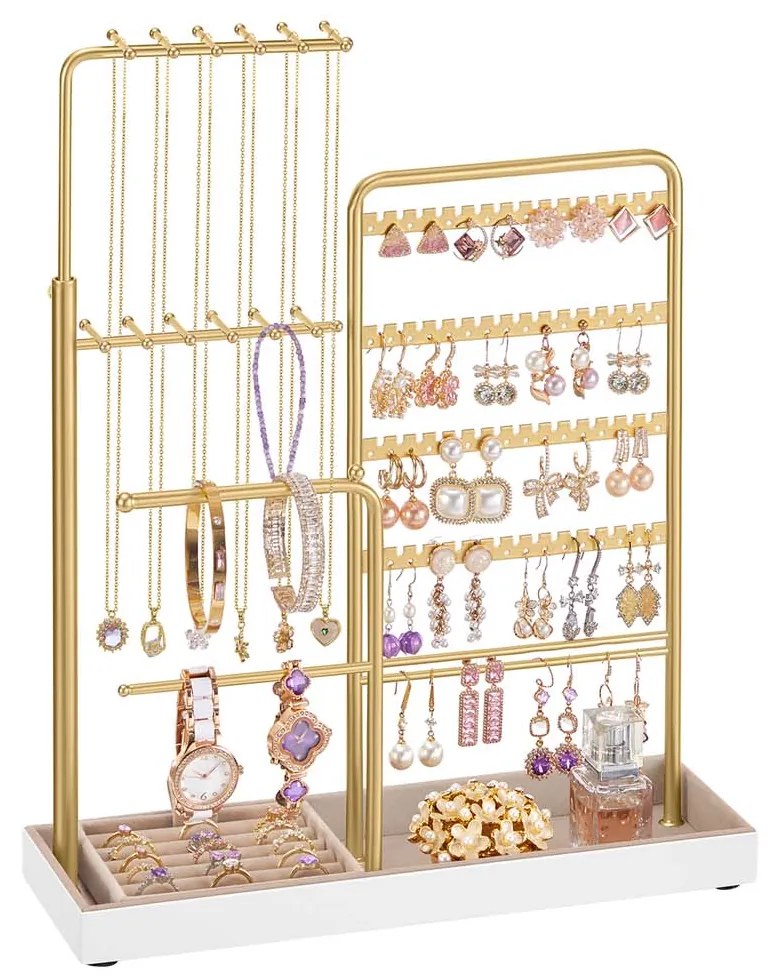 Suporte para joias em metal com bandeja em veludo 10 x 30,6 x (30,9-47,5) cm dourado