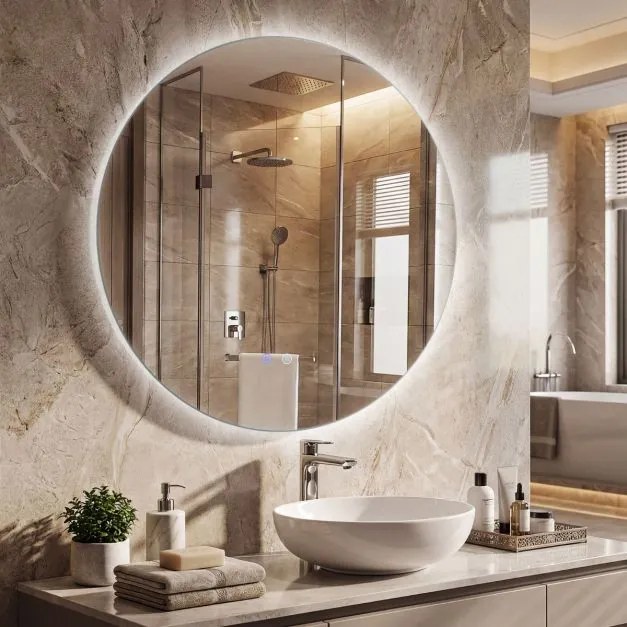 Espelho redondo LED de 70 cm com luz; espelho de casa de banho para montagem na parede com intensidade de luz ajustável e controlo tátil