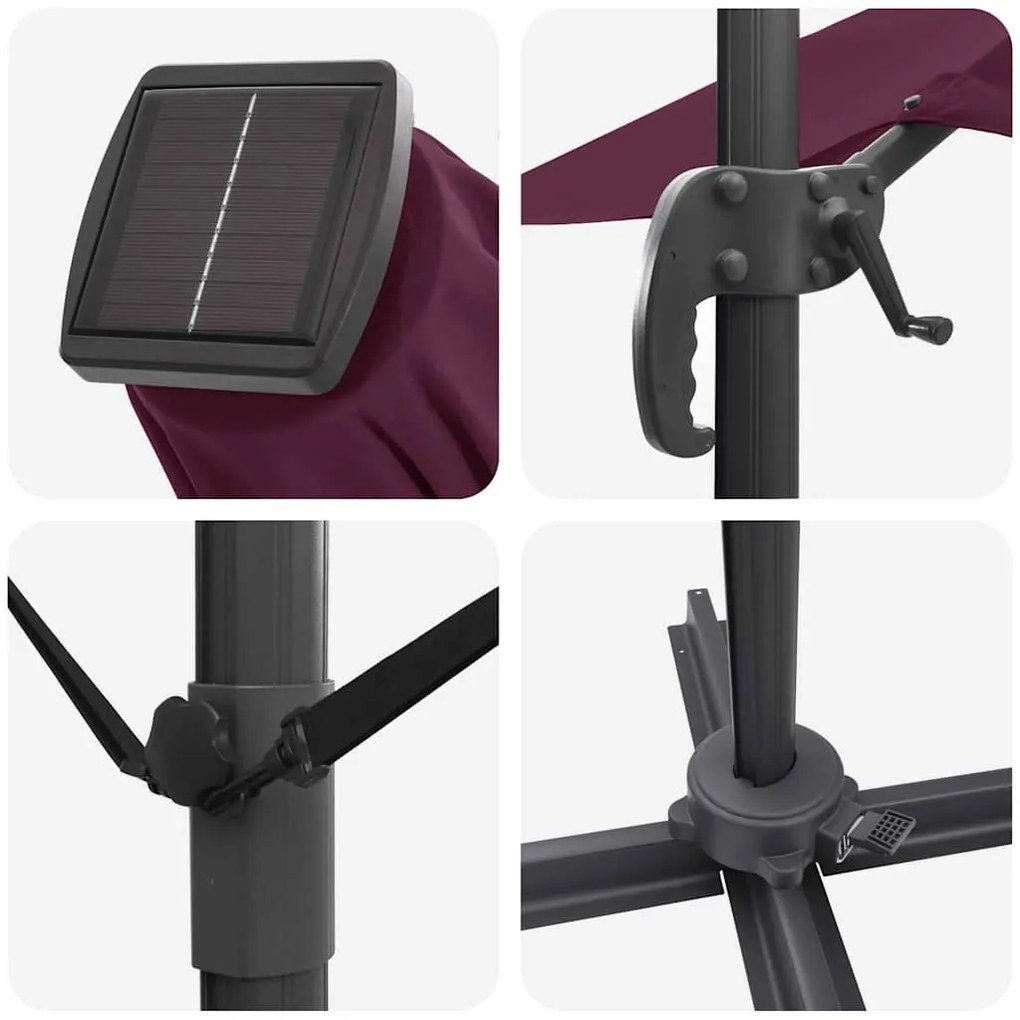 Parasol Cantilever Roma com LEDs Vermelho Bordeaux 286x285x270 cm em A