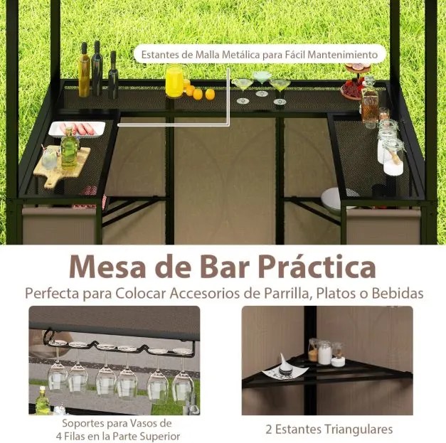Tenda jardim com mesa de bar e 2 cadeiras dobráveis com prateleiras de metal para jardim 193 x 117 x 240 cm Café