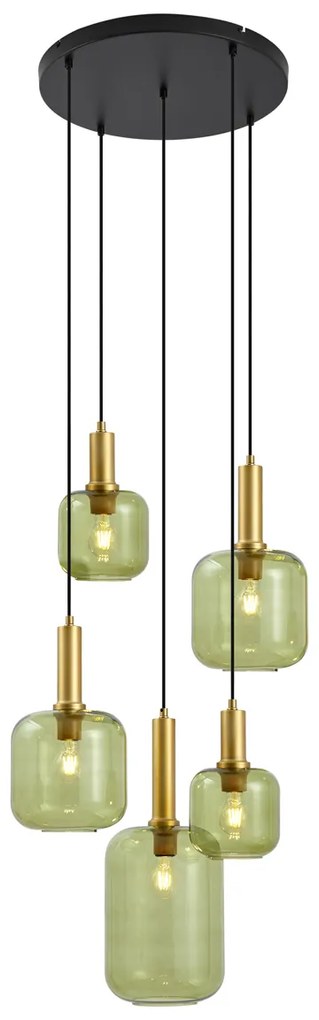 Candeeiro suspenso Hotel Chic preto e dourado com vidro verde 5 luzes - Zuzanna