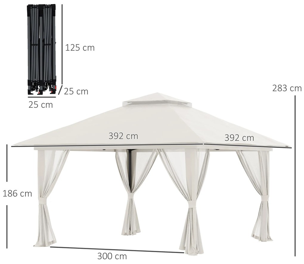 Outsunny Tenda Dobrável Pop-UP 3,92x3,92x2,83m Tenda de Jardim com Altura Ajustável Proteção UV50+ Teto Duplo Rede Mosquiteira e Bolsa de Transporte com Rodas para Festas Campismo Bege