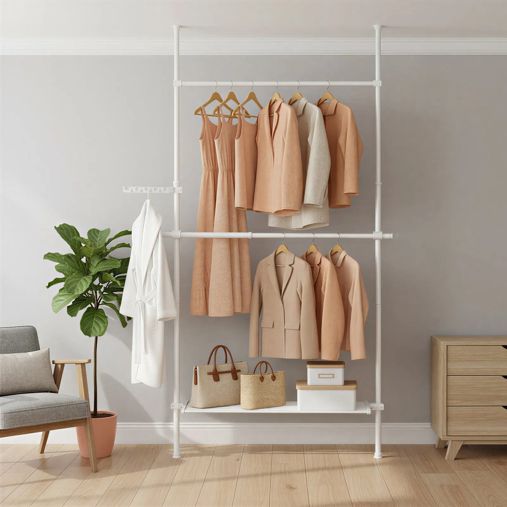 Guarda-roupa aberto com 2 varões e 1 prateleira com 3 níveis 33,5 x (84-123) x (220-300) cm , ajustável em altura e largura Branco