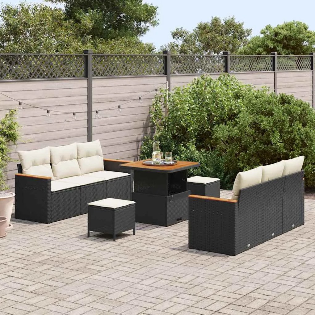 Sofá de Jardim com 9 Peças e Almofadas Pretas, em Rattan Sintético e A