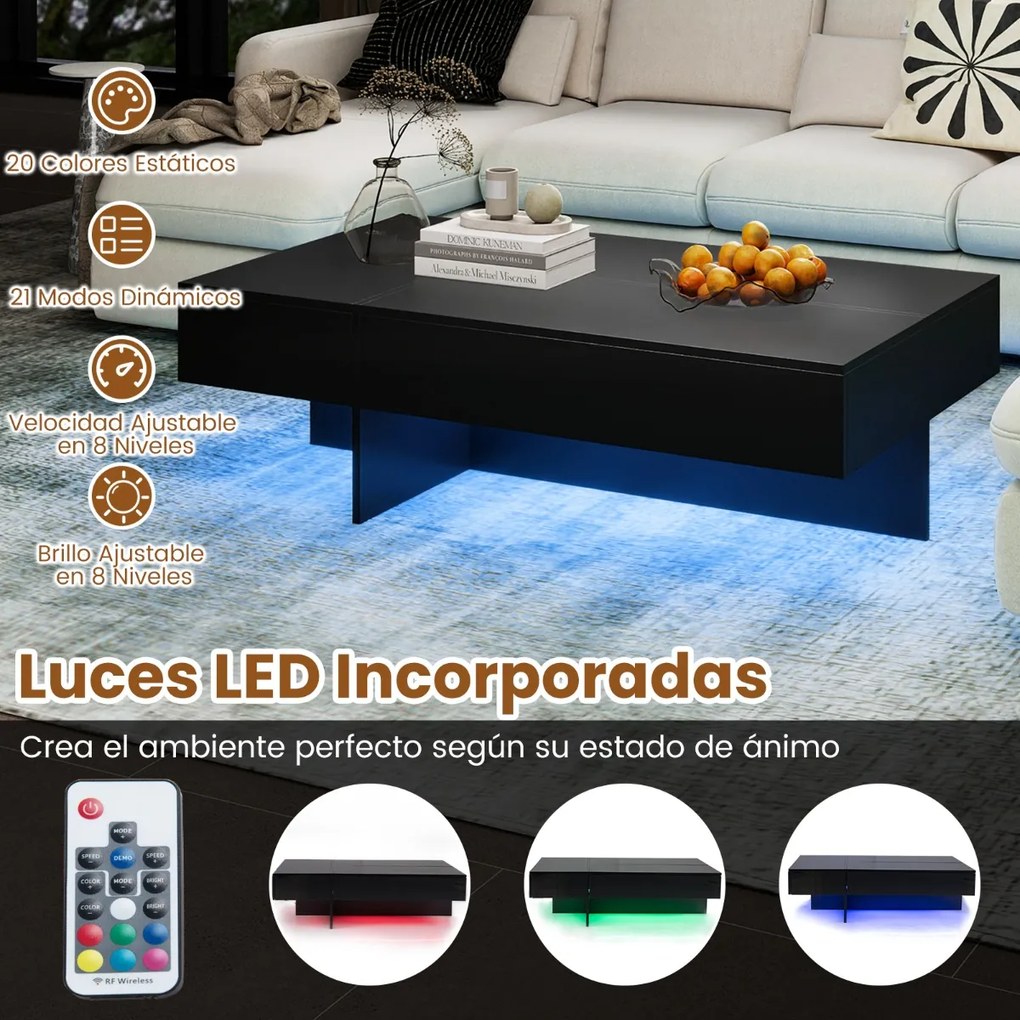 Mesa de centro 120 x 70 x 35 cm moderna com LED com 3 gavetas de arrumação, para sala de estar Preta
