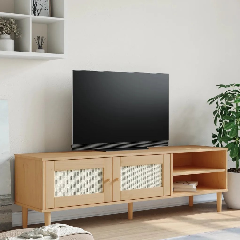 Móvel de TV SENJA aspeto vime 158x40x49cm pinho maciço castanho
