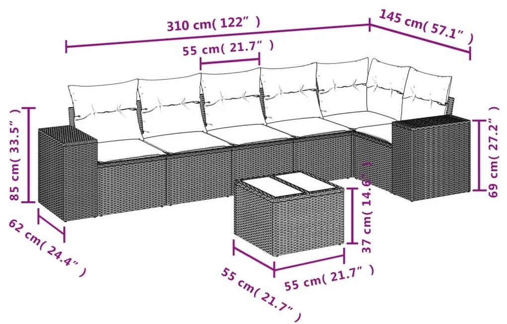 7 pcs conj. sofás jardim com almofadões vime PE cinzento-claro