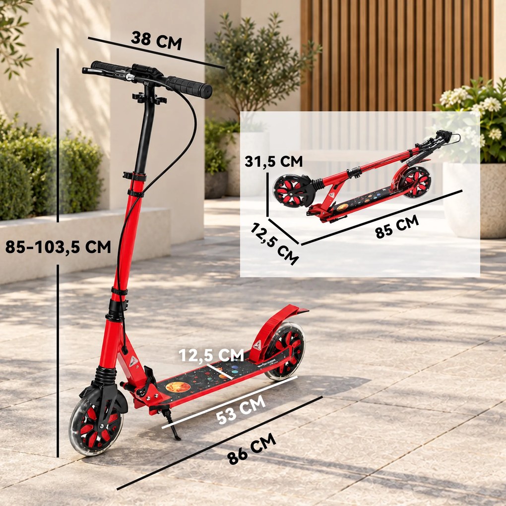 Trotinete Dobrável para Adolescentes e Adultos Rodas Luminosas Guiador Ajustável Travão Duplo Amortecimento Vermelho
