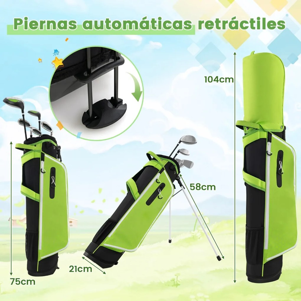 Conjunto de tacos de golfe para crianças dos 11 aos 13 anos, incluindo saco de apoio com capuz para chuva Driver n.º 1 Híbrido n.º 5 Ferros e Putter n