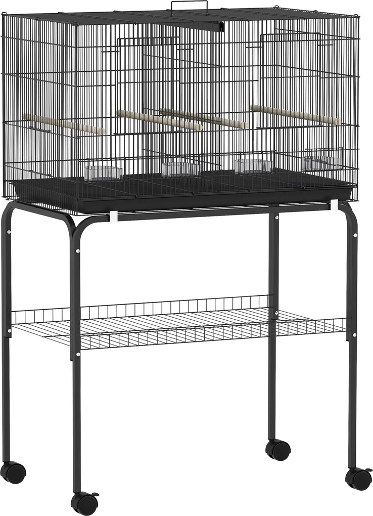 PawHut Gaiola para Pássaros com Divisória Rodas Gaiola para Aves com Comedouros Poleiros e Bandeja Removível 76x46x116 cm Preto | Aosom Portugal