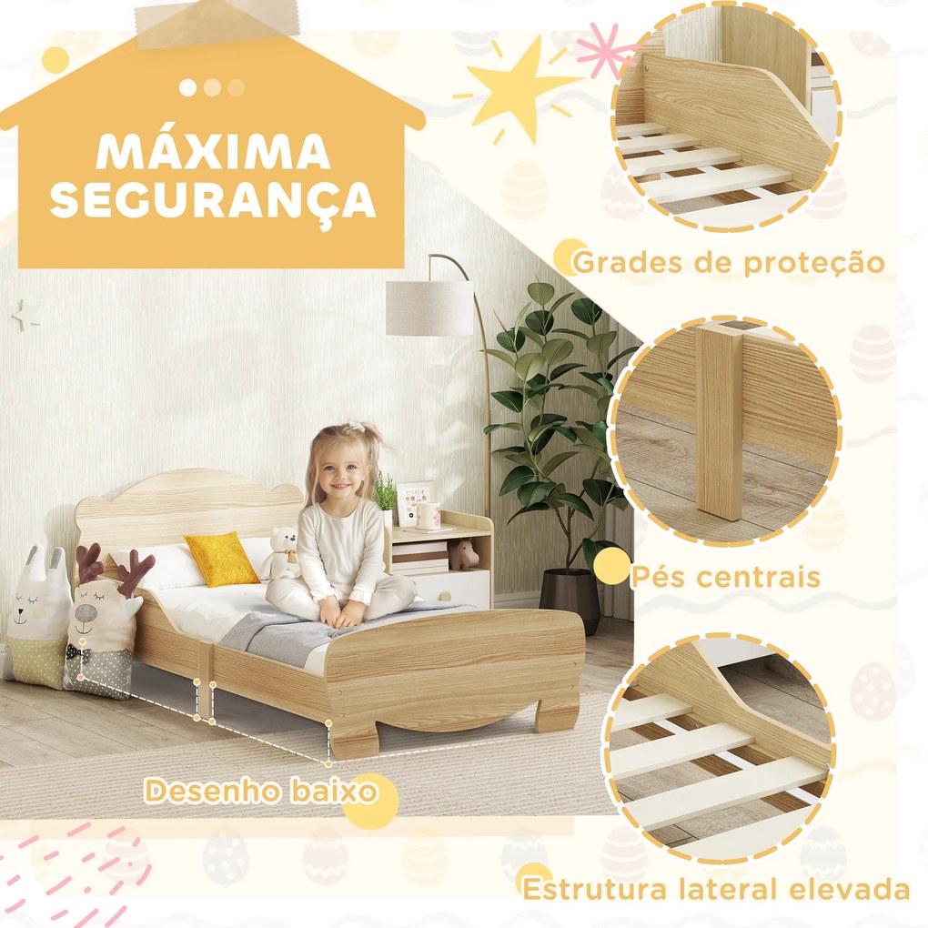 Cama para Crianças +3 Anos Cama Infantil de Madeira Cabeceira em Forma de Urso 143,5x80x55 cm Madeira