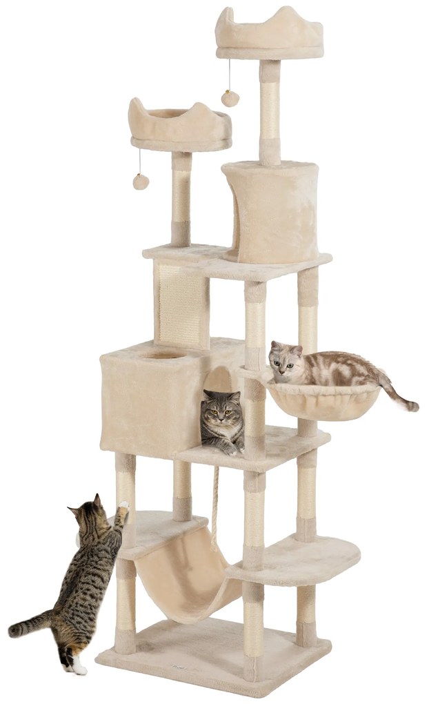 Arranhador para Gatos Grande Altura 173 cm Torre para Gatos com Plataformas Caverna Bolas Suspensa e Rede Bege