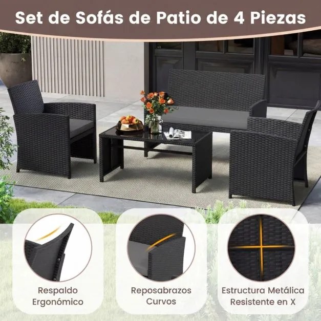 Conjunto de jardim em rattan com 4 peças: sofás de 2 lugares, mesa de vidro temperado e almofadas para exterior, varanda ou piscina, Preto+cinzento