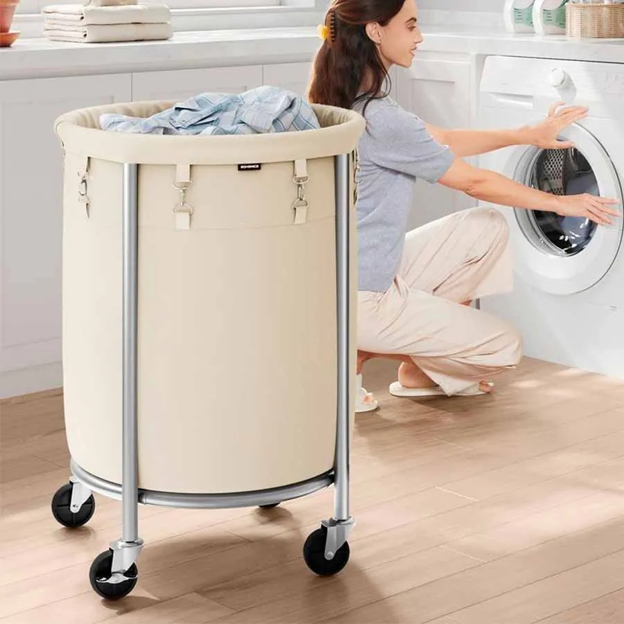 Cesto para roupa suja 110 litros com Rodas e saco para roupa suja Branco + prateado