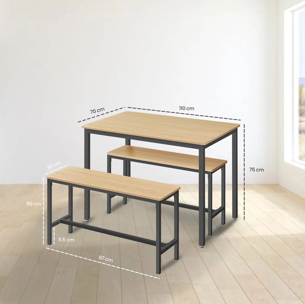Conjunto Mesa de jantar com 2 bancos, mesa de cozinha, bancos de sala de jantar carvalho-preto
