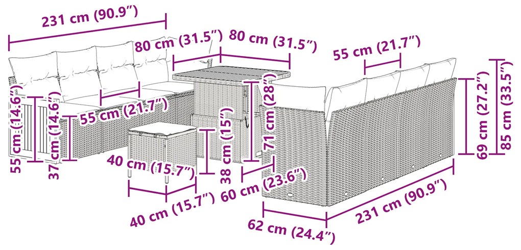 Conjunto de Sofás de Jardim de 11 Peças com Almofadas Cinzento Vime Si