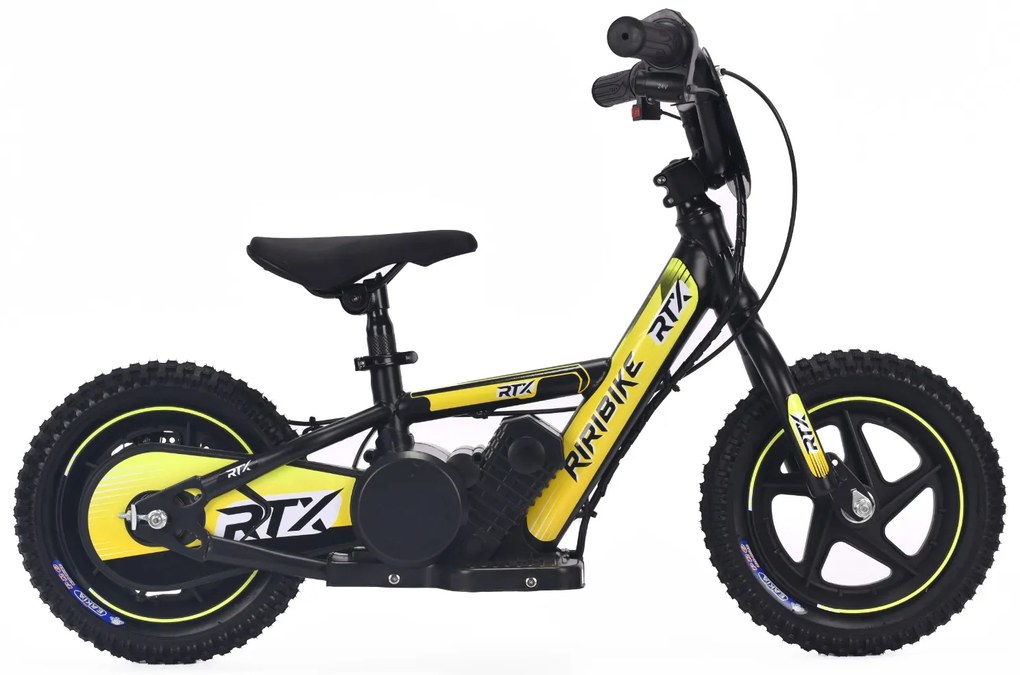 Bicicleta eléctrica para crianças RIRIBIKE RTX3 24V (12"), bateria de lítio, motor de 100W, travão de disco, assento ajustável em PU macio amarela