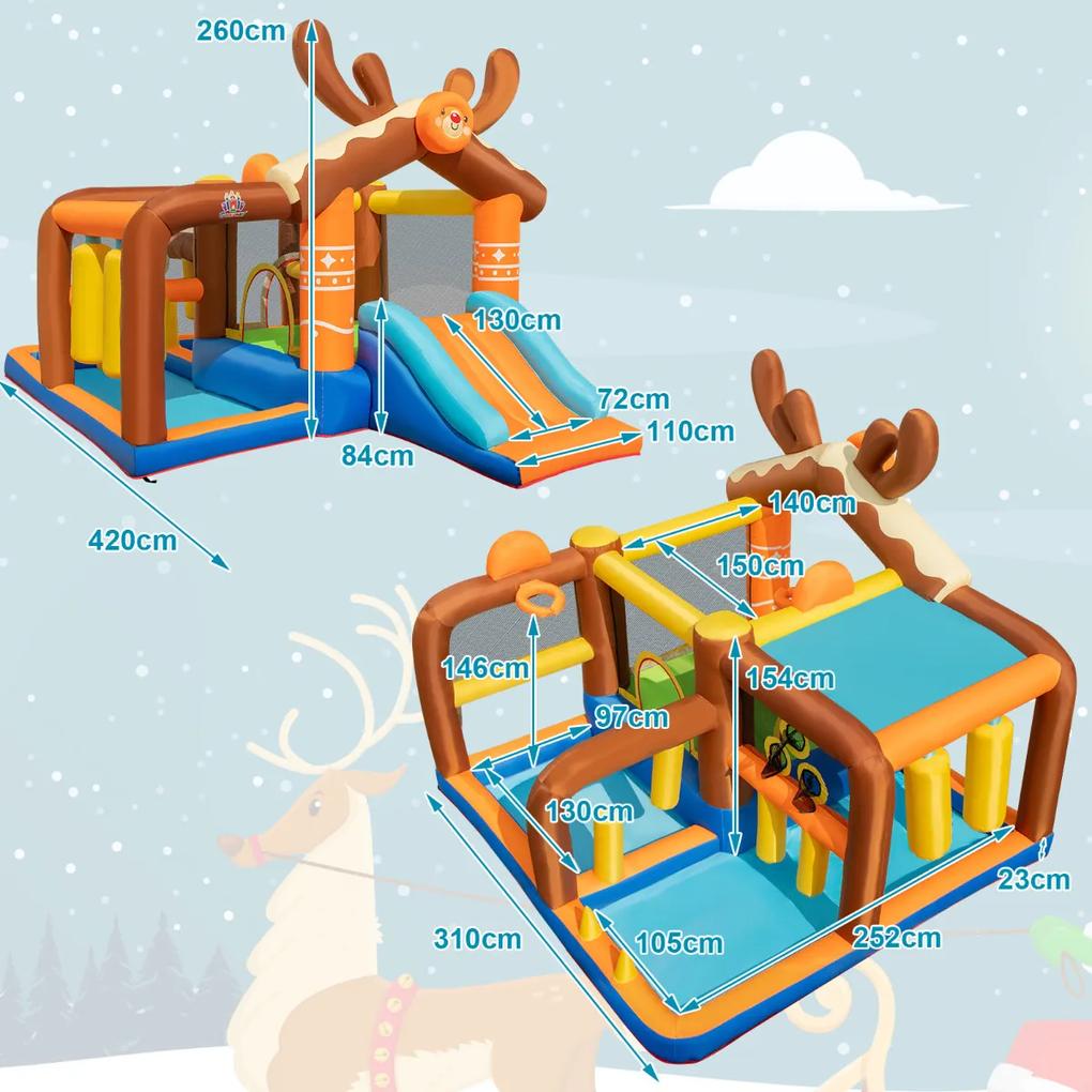 Castelo insuflável de renas para crianças com escorrega 2 Piscinas de Bolas 2 Bolas de Basquetebol Compressor (Não Incluido) 420 x 310 x 260 cm