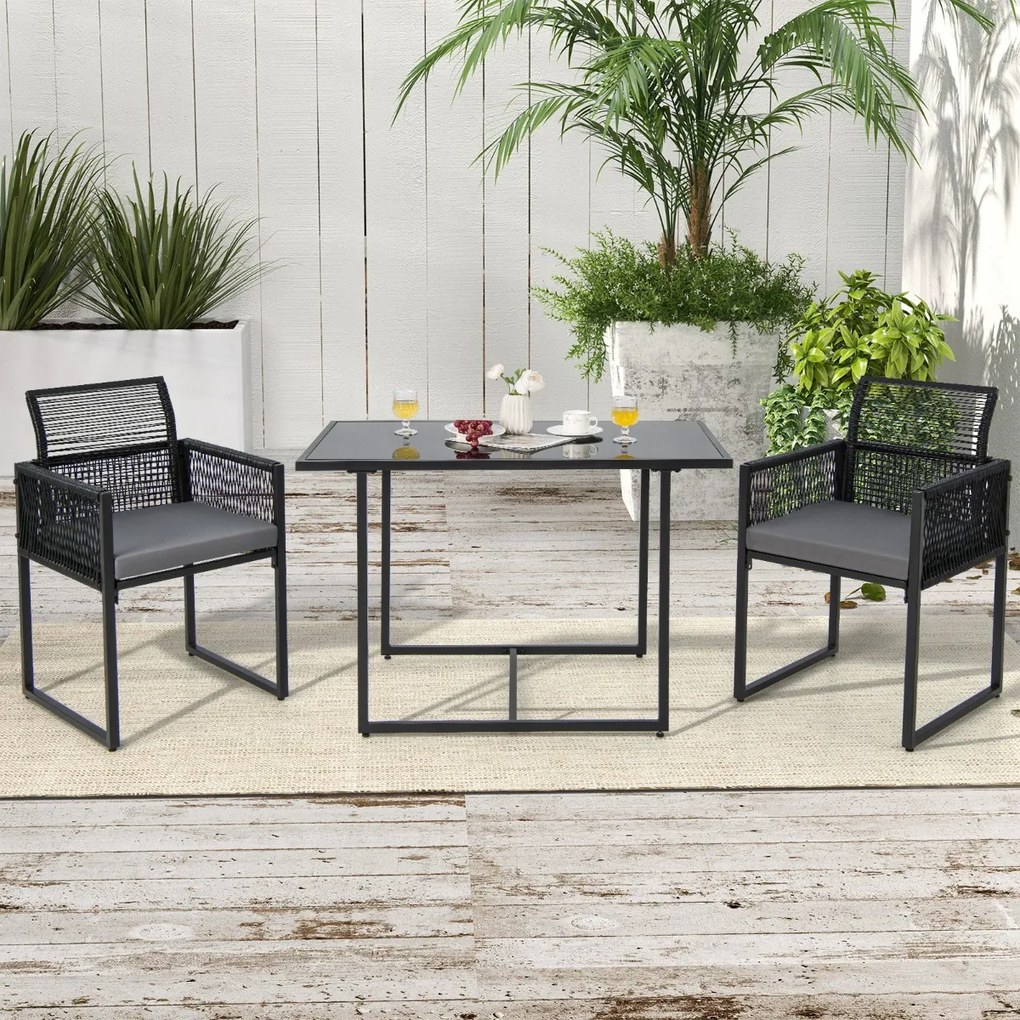Conjunto de mobiliário de jardim em rattan PE com encosto rebatível e almofadas confortáveis Preto
