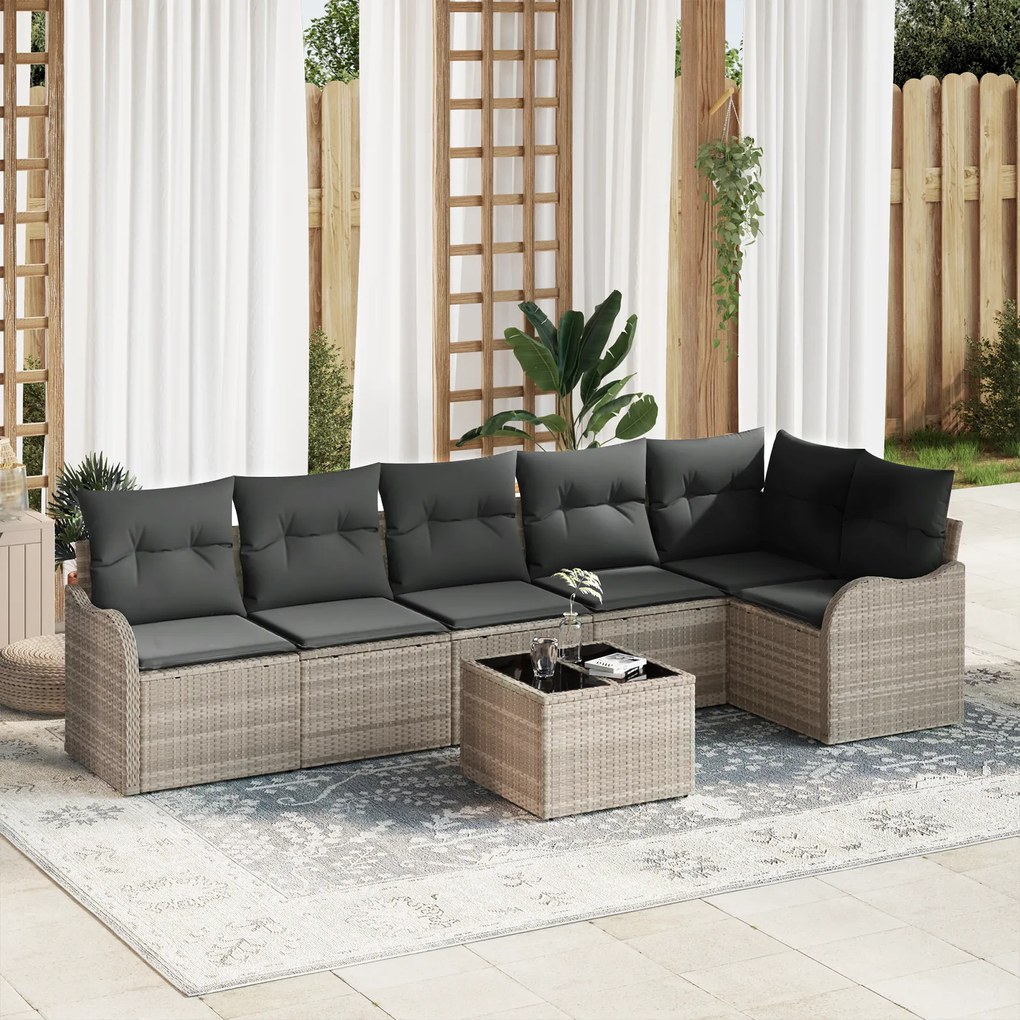 Conjunto de Sofás de Jardim com 7 Peças com Almofadas Cinza Rattan Pol