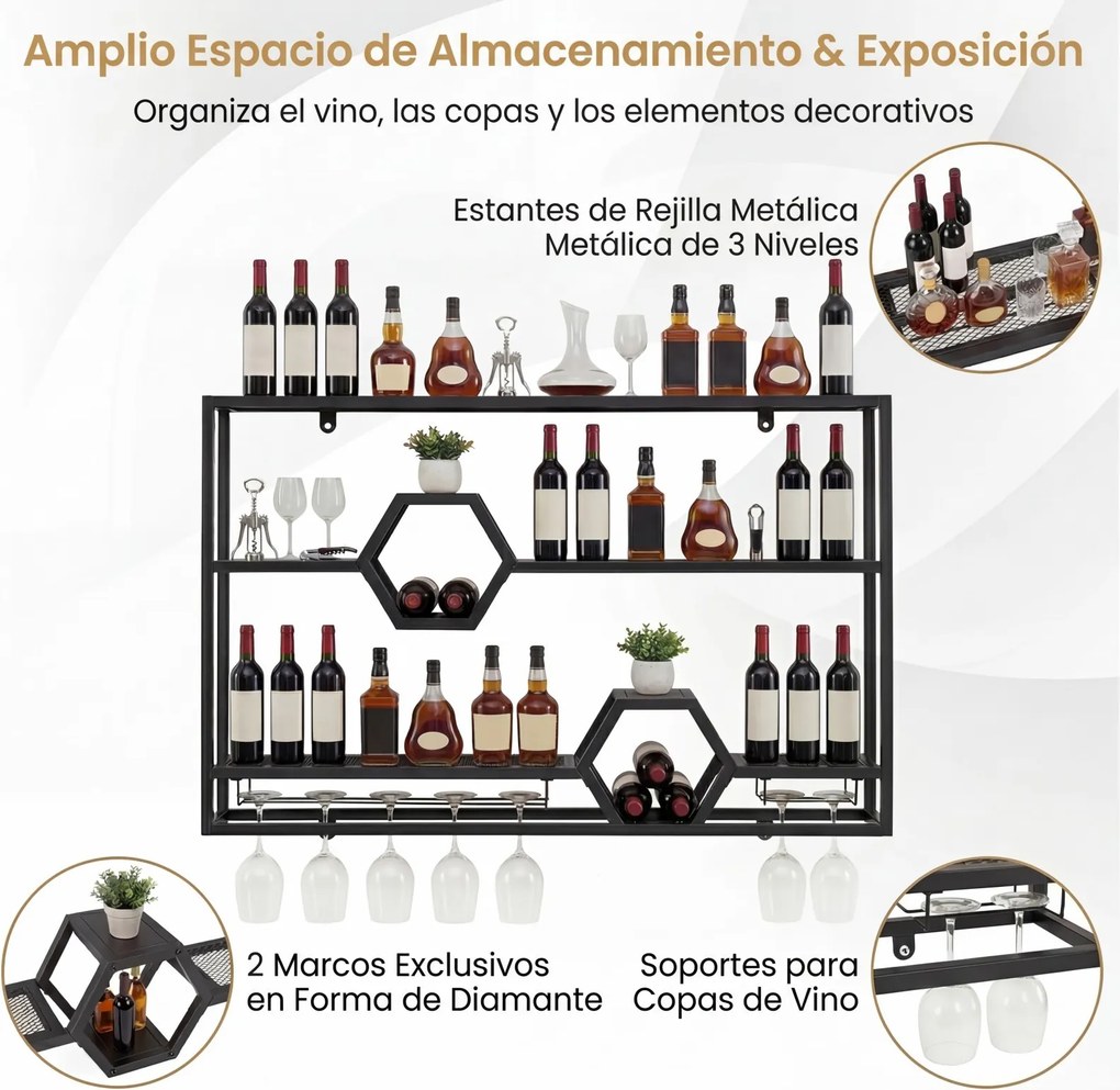 Garrafeira de Parede, 120 x 20 x 77 cm, Suporte para Copos, Preto