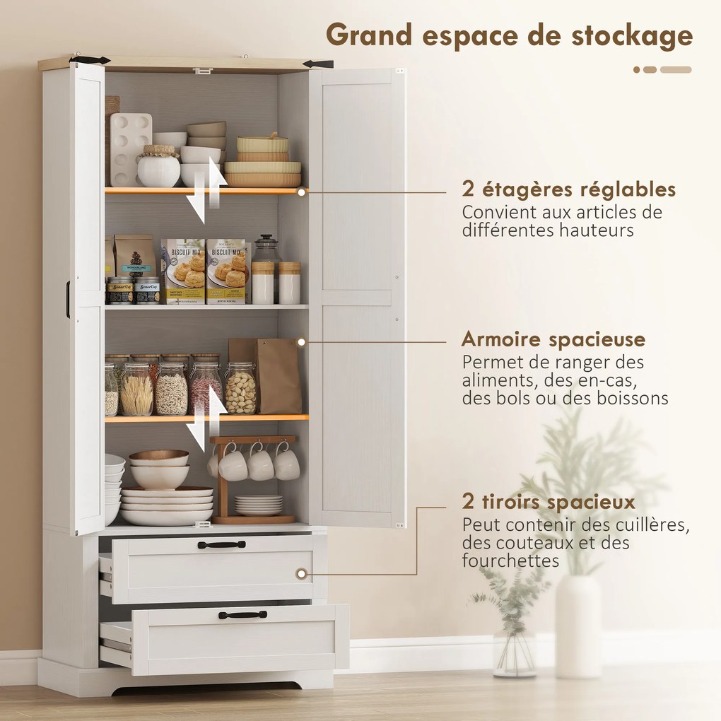 Armário de cozinha 76 x 40 x 180 cm, com 2 portas, 2 gavetas, prateleiras ajustáveis, estilo rústico, branco