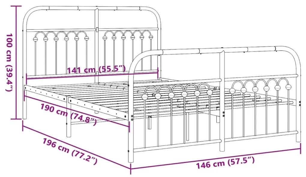 Estrutura de cama com cabeceira e pés 140x190 cm metal preto