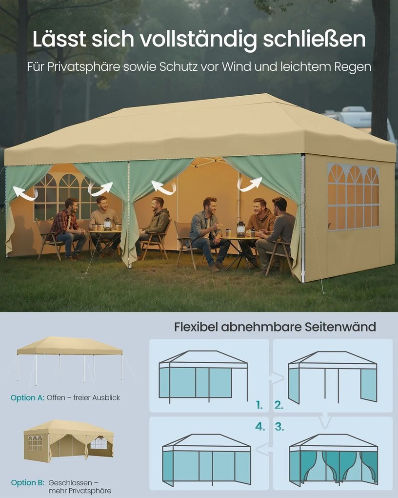 Tenda dobrável de 3 x 6 m para jardim e festas, com 6 paredes laterais, cor bege