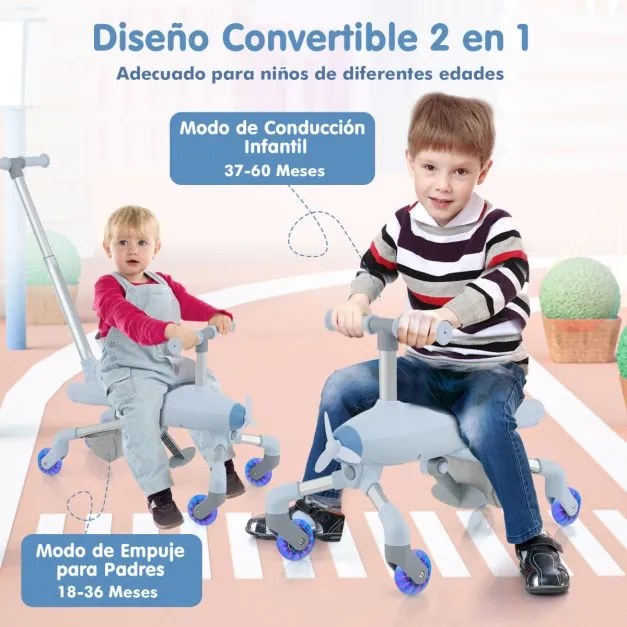 Carrinho de bebé 2 em 1 com tema de avião, rodas iluminadas por LED, pega amovível, apoio para os pés dobrável e ajustável para crianças dos 18 aos 70