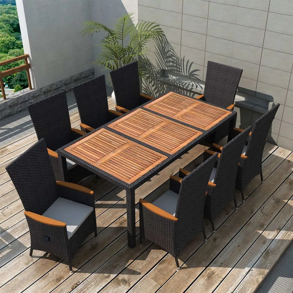 48014 vidaXL 9 pcs conjunto jantar exterior vime PE madeira de acácia preto