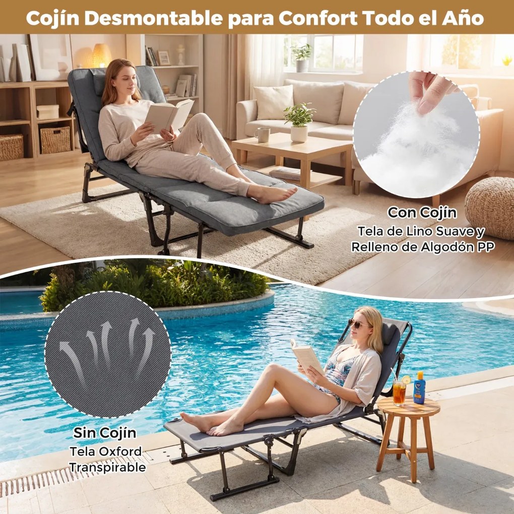 Espreguiçadeira jardim dobrável 3 em 1 com encosto ajustável em 6 posições, almofada e apoio para a cabeça, para jardim, campismo e uso interior e ext