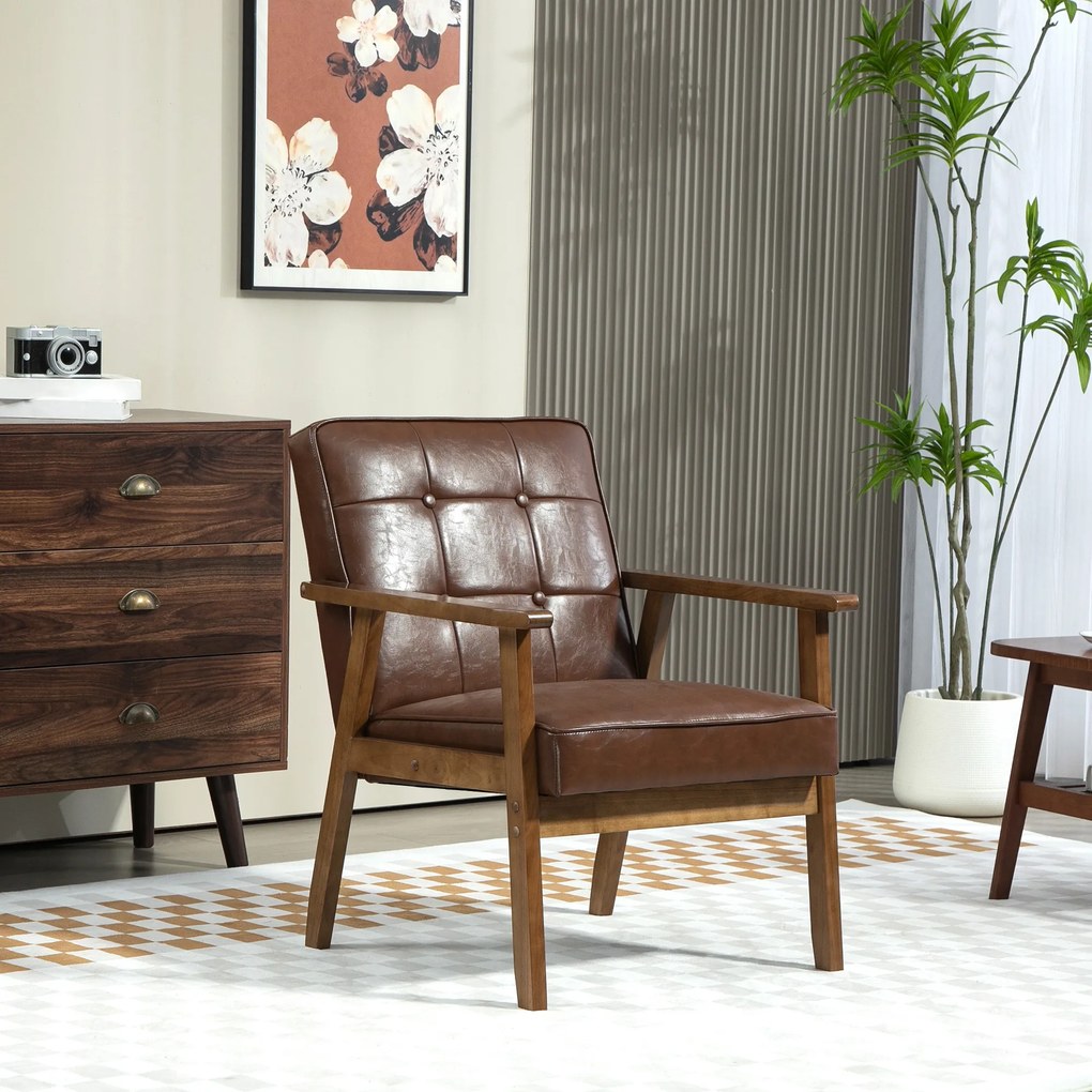 Poltrona Sala de Estar Estofada em PU com Apoio para os Braços e Estrutura de Madeira de Borracha 64x66x80 cm Castanho