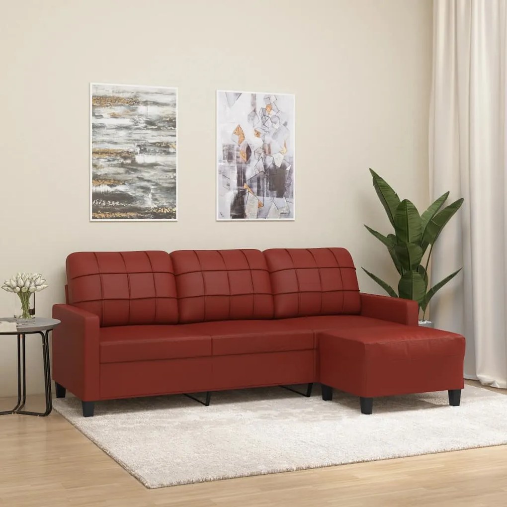 vidaXL Sofá 3 lugares c/ apoio pés 180 cm couro artif. vermelho tinto