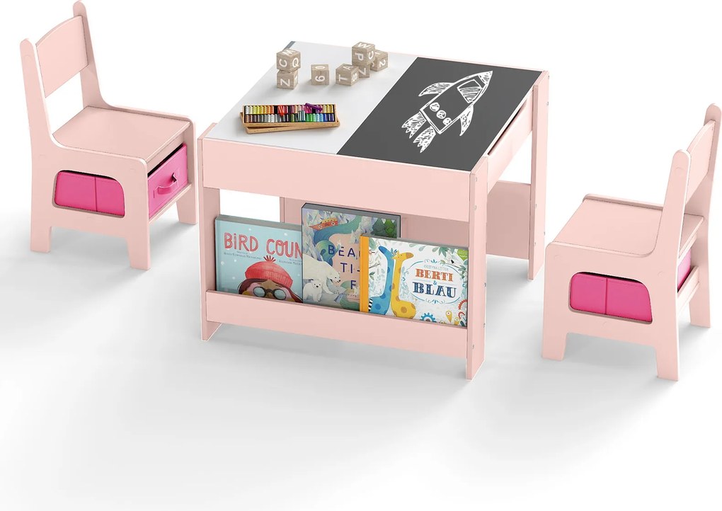 Conjunto de Mesa e 2 Cadeiras Infantis, 61,5 x 61,5 x 48 cm, Quadros de Giz e Branco Reversíveis, Rosa
