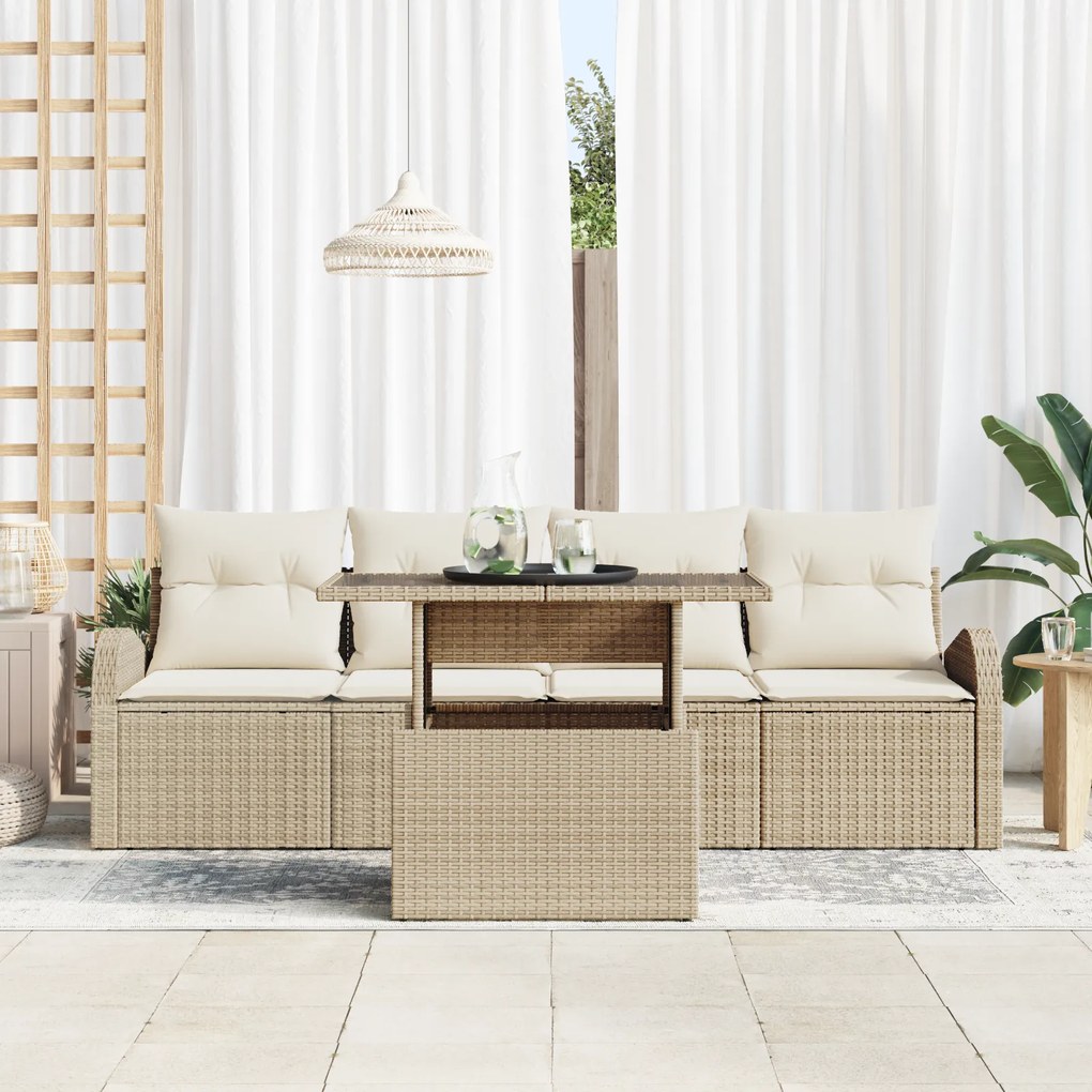 Conjunto de Sofá de Jardim de 5 Peças com Almofadas Bege em Rattan Pol