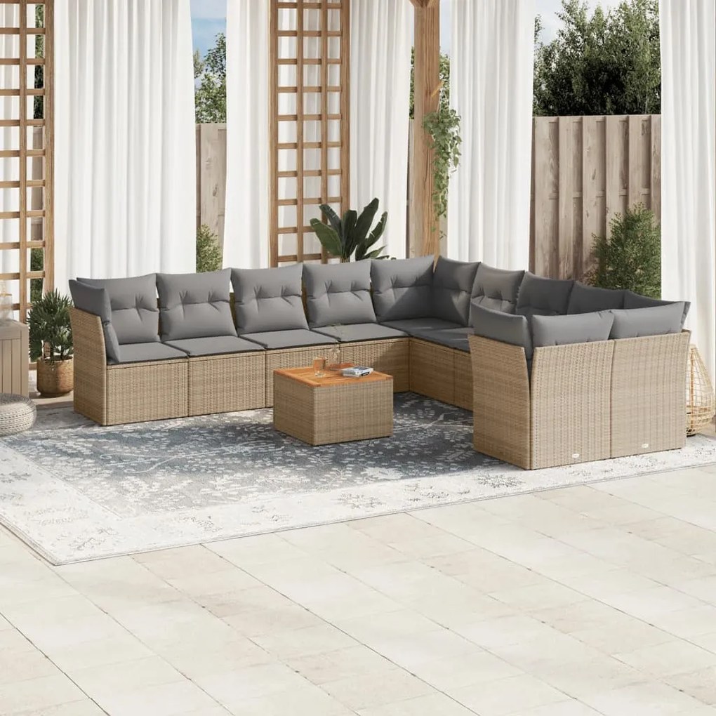 vidaXL 11 pcs conj. sofás jardim c/ almofadões vime PE bege misturado