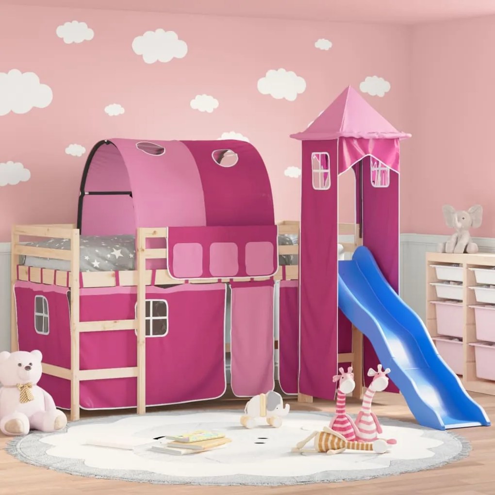 vidaXL Cama alta para criança com torre 80x200 cm pinho maciço rosa