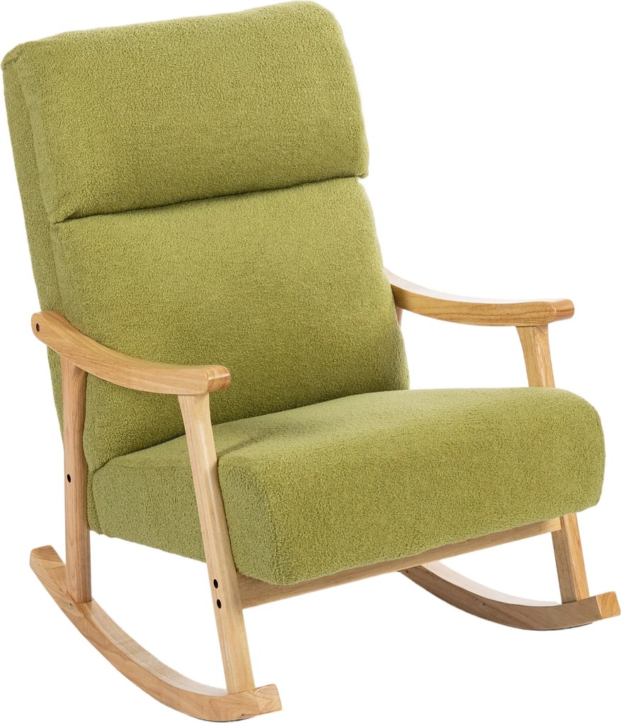 HOMCOM Poltrona Baloiço Moderna em Borrego com Apoio para os Braços de Madeira de Faia Poltrona de Amamentação 65x90x98 cm Verde claro | Aosom Portugal