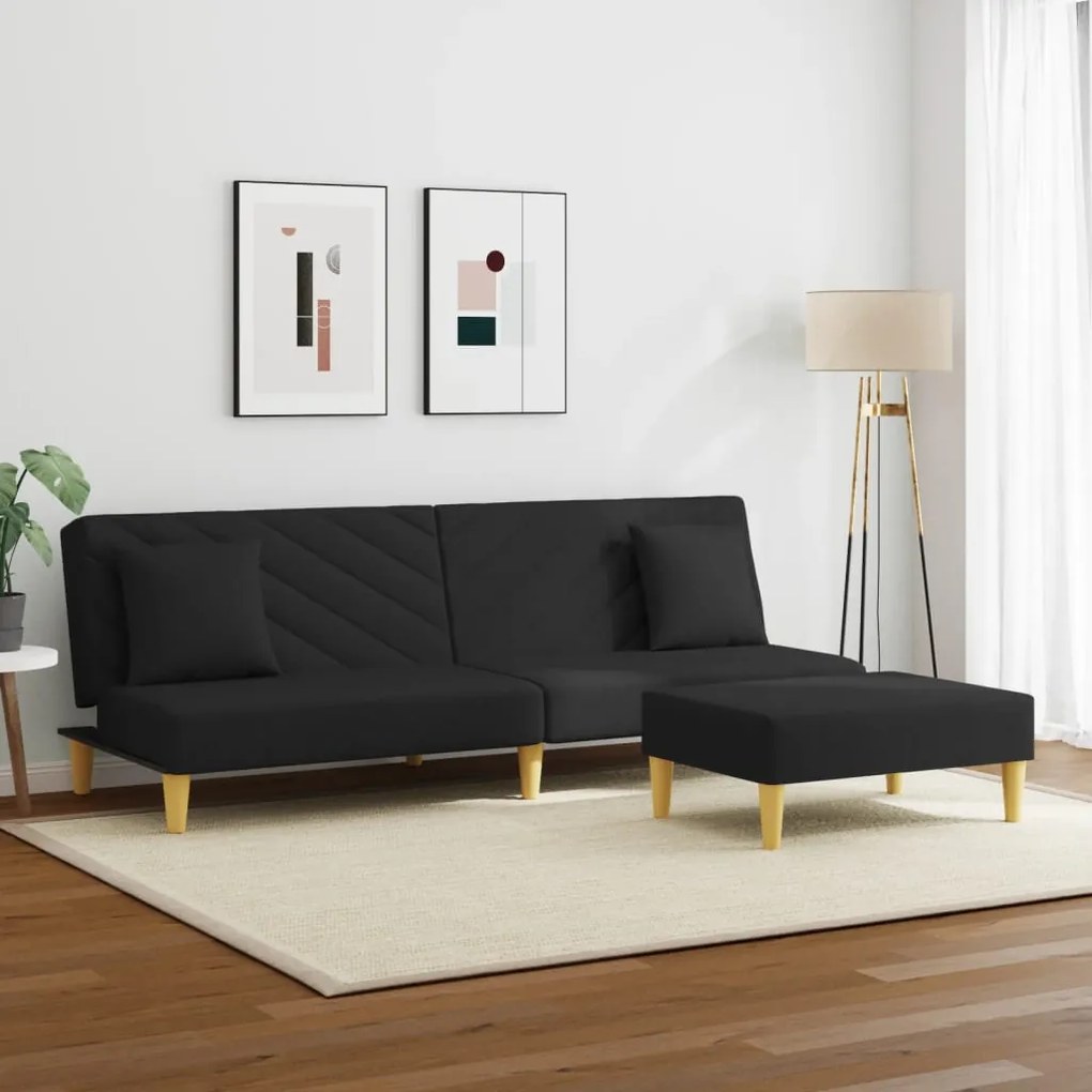 Sofá-cama 2 lugares c/ almofadas e apoio de pés tecido preto