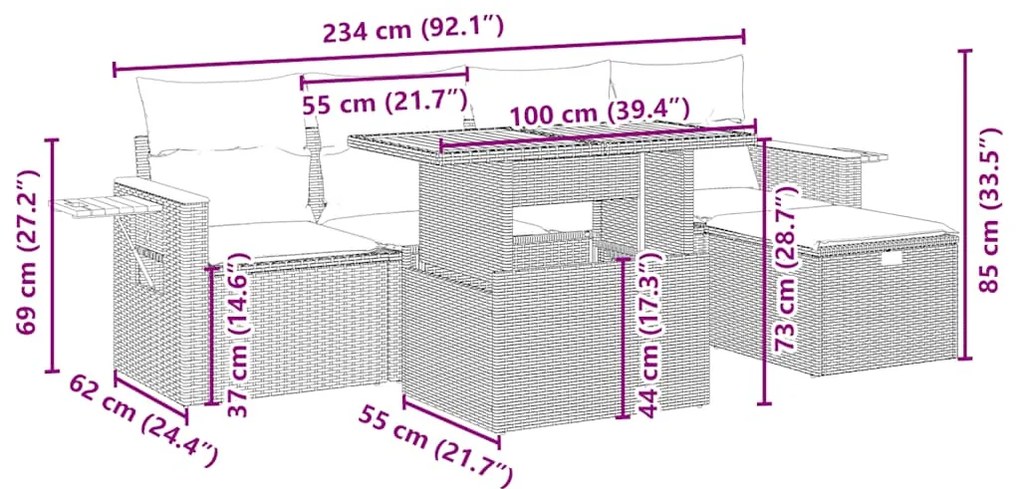 6 pcs conjunto de sofás p/ jardim com almofadões vime PE bege