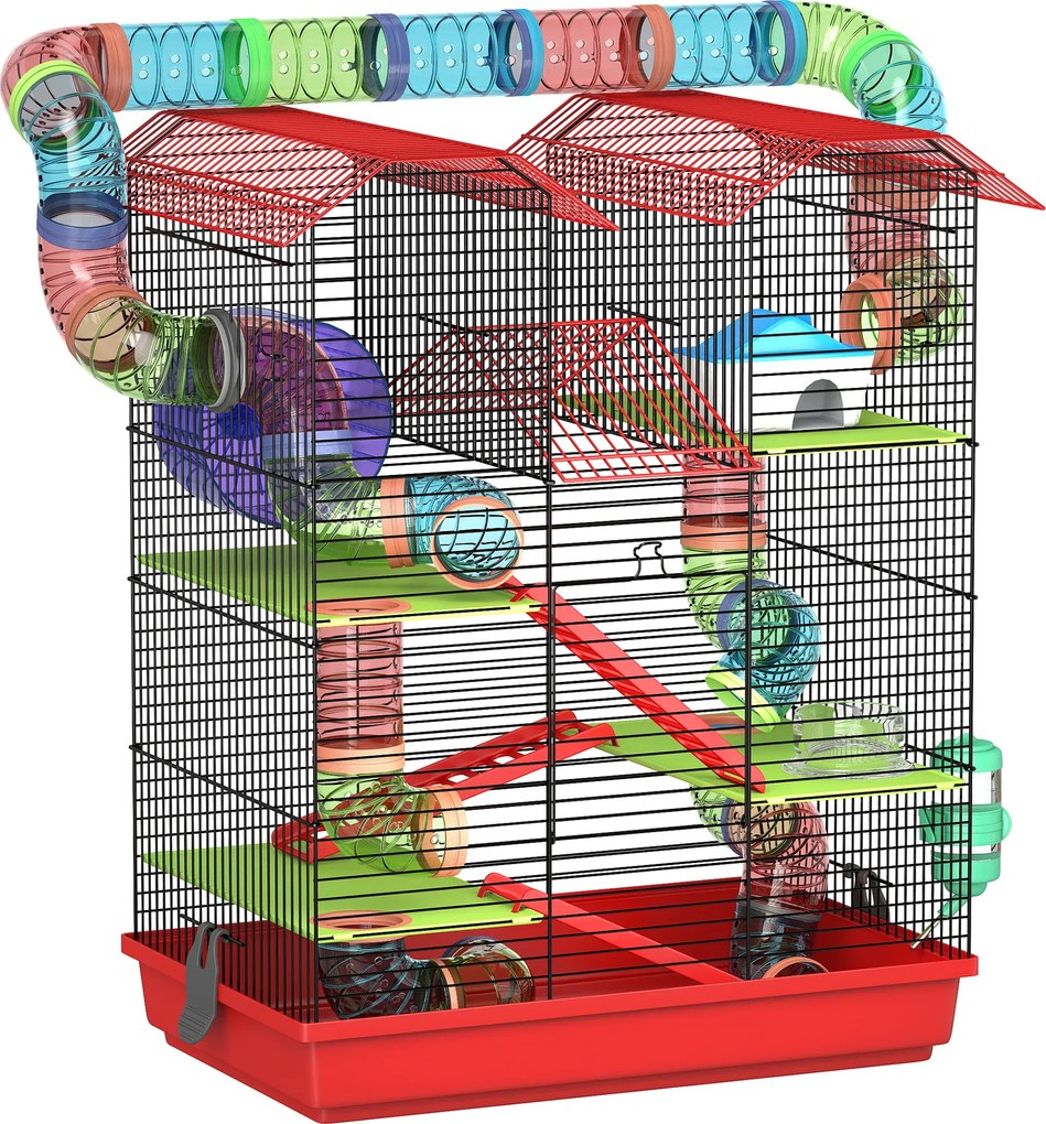PawHut Gaiola para Hamster de 5 Níveis 47x30x59 cm com Túneis Tigela Bebedouro Casinha Roda de Exercício Rampas Vermelho | Aosom Portugal