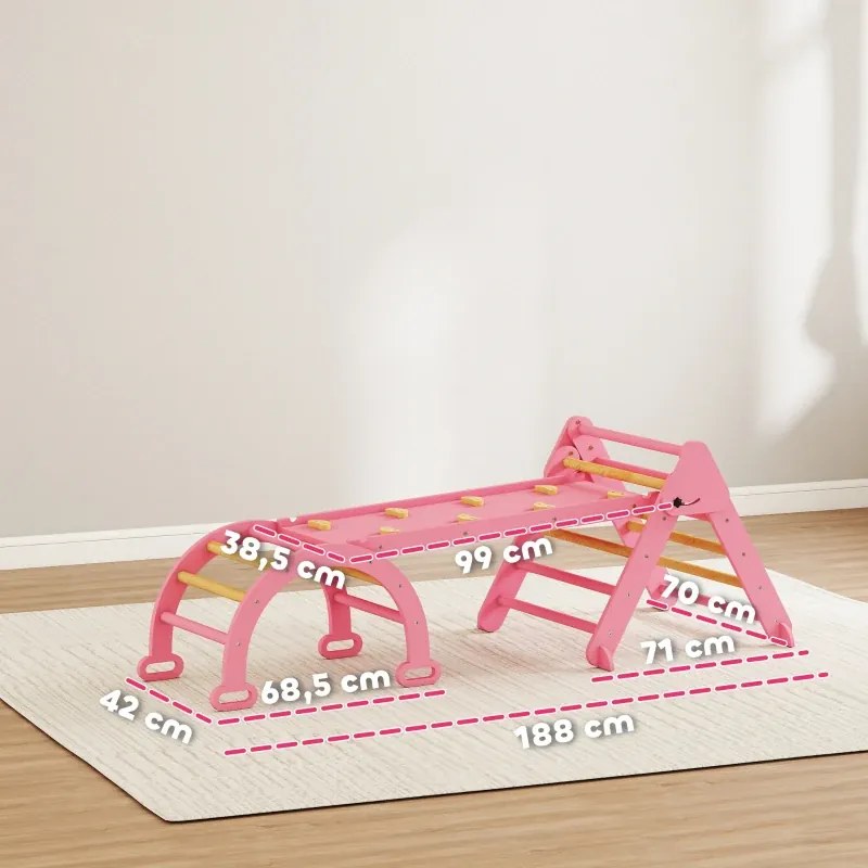 Triângulo de Escalada 7 em 1 com Arco e Rampa Escalada para Crianças de Madeira Dobrável para 18-48 Meses 188x70 cm Rosa