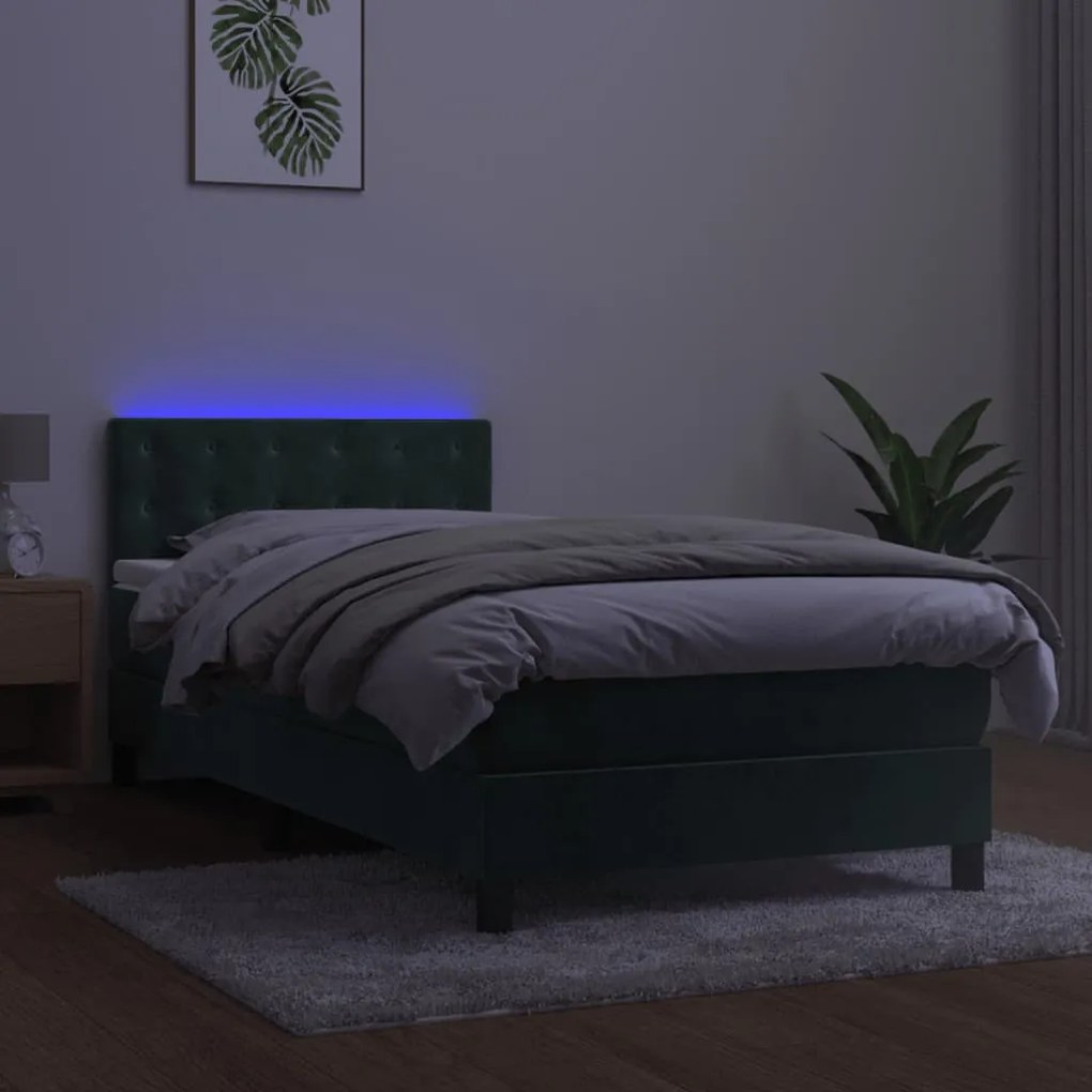 Cama box spring c/ colchão/LED 100x200 cm veludo verde-escuro