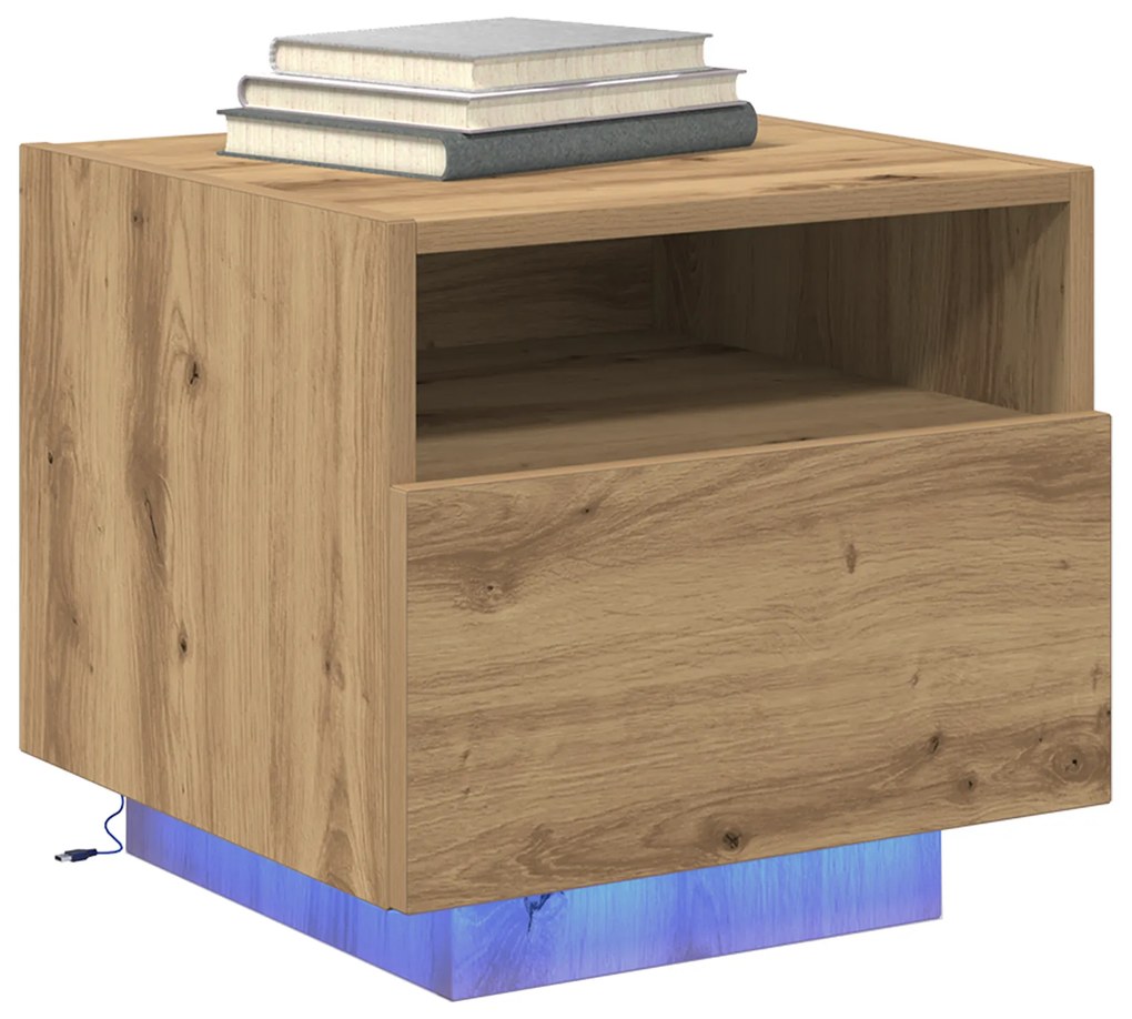 Criado-mudo vidaXL com Luzes LED Carvalho Artesanal 40x39x37 cm