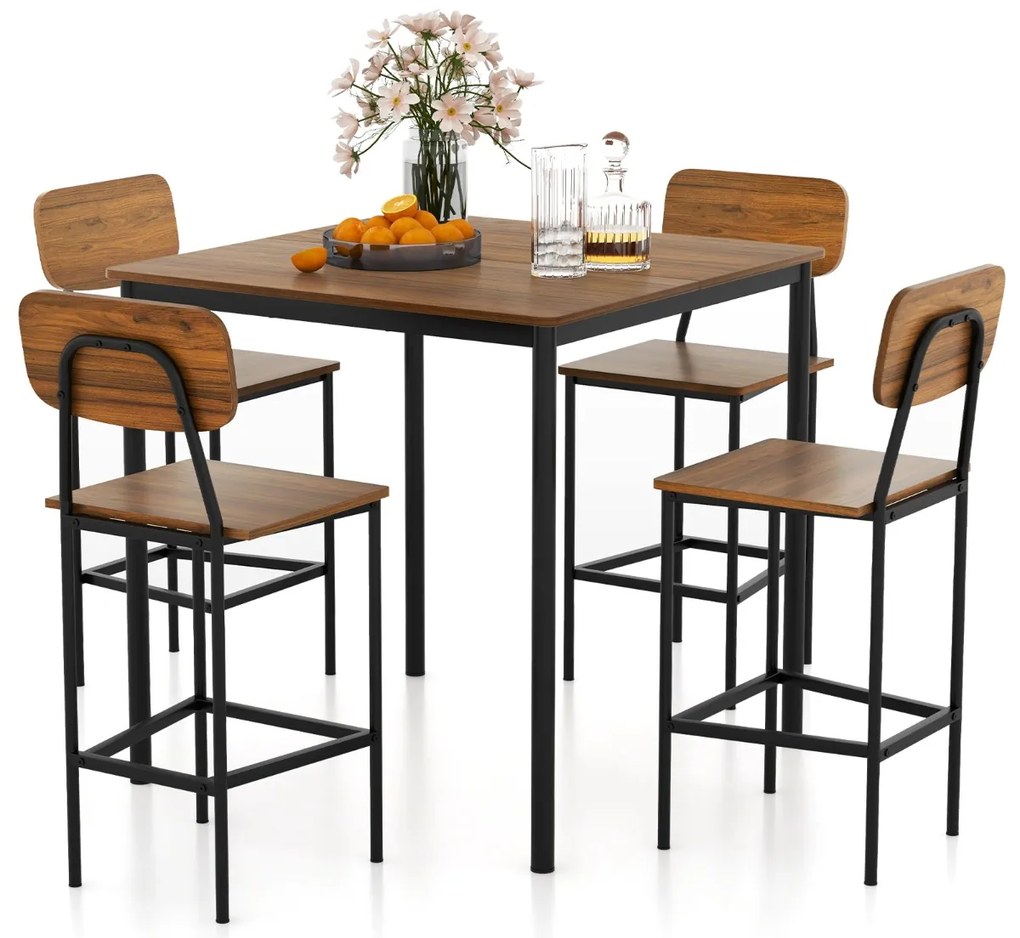 Conjunto de mesa de jantar alta e 4 cadeiras altas de 5 peças com estrutura em aço para casa ou restaurante Castanho escuro